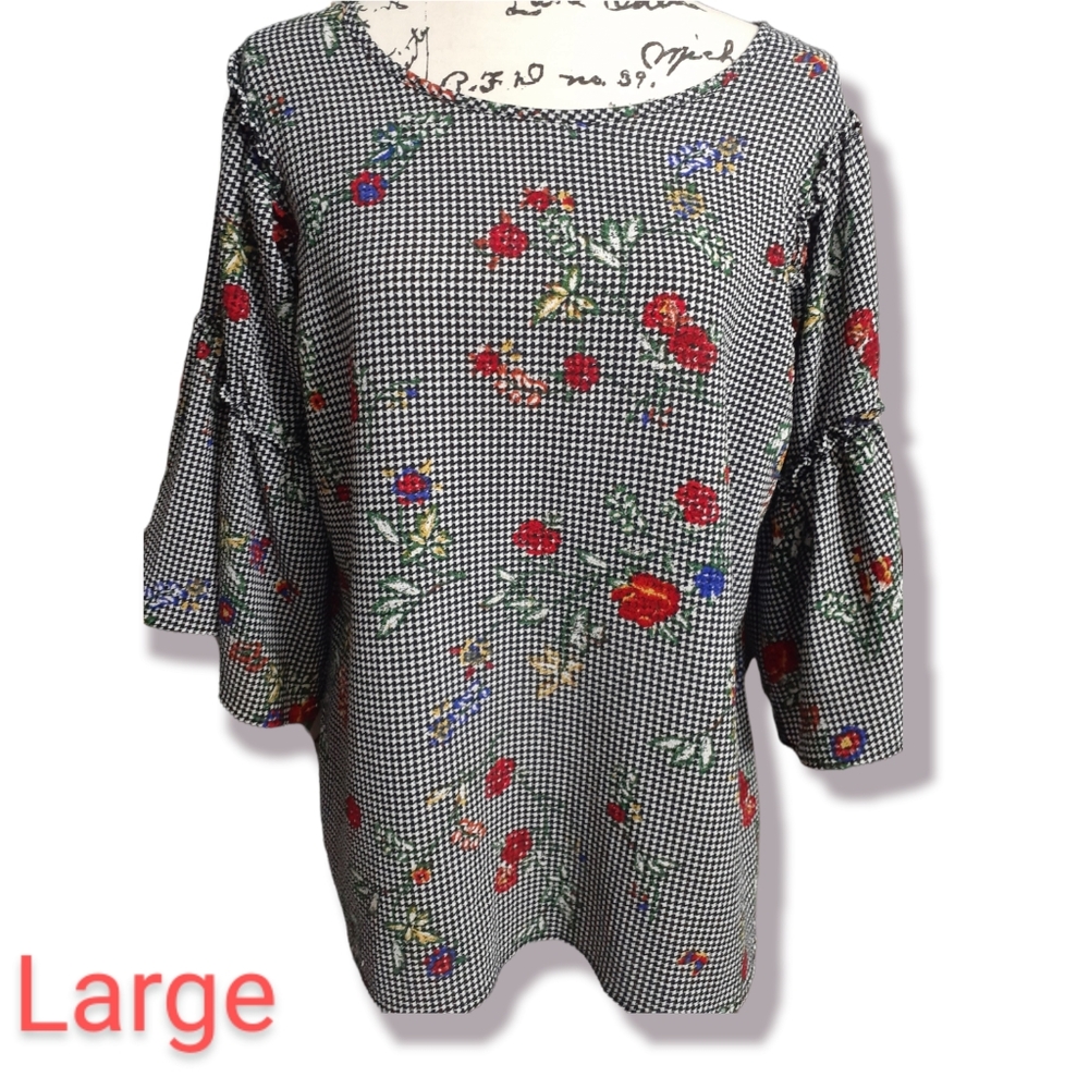 Womens sz LG white black Floral j & L top blouse slip on shirt